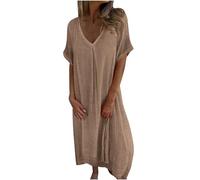 Linen Dresses for Women UK Italian Summer Dresses Short Sleeve V Neck Maxi Dresses Plain Casual Boho Sundress Swing Long Dress Loose Fit Beach Pullover Dress Lounge Dress Khaki