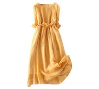 Linen Dresses for Women UK Ladies Summer Dresses Crew Neck Tie Waist Casual Dresses Solid Color Retro Midi Dresses Vintage 3/4 Sleeve Flowy Dresses A Line Swing Loose Summer Dress