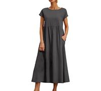 Linen Dresses for Women UK Plus Size Dress Wedding Guest Occasion 1940s Dresses Midi Casual Short Sleeve V Neck Swing Casual Bohemian Summer Party Beach Vacation Clothes Grey