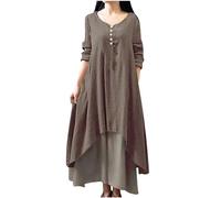 Linen Dresses for Women UK Plus Size Spring Summer Maxi Dresses Casual Plain Irregular Long Dress Round Neck Button Half Sleeve Dress Loose Oversized Flowy Cotton Linen Dress Sale Clearance