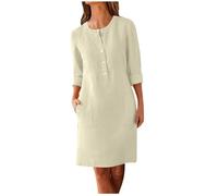 Linen Dresses for Women UK Plus Size Summer Casual Long Sleeve Shirt Dresses with Pockets Button Front Cotton Linen Knee Length Sundress Plain Round Neck Midi Shift Dress Loose Fit Office Dress