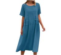 Linen Dresses for Women UK Plus Size Summer Midi Dress Cotton Linen Plaid T Shirt Dresses Short Sleeve Round Neck Tunic Dress Casual Loose Swing Dress Beach Holiday A-line Sundress Blue
