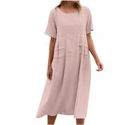 Linen Dresses for Women UK Plus Size Summer Midi Dress Cotton Linen Plaid T Shirt Dresses Short Sleeve Round Neck Tunic Dress Casual Loose Swing Dress Beach Holiday A-line Sundress Pink