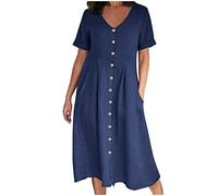Linen Dresses for Women UK Sale Clearance Summer Beach V Neck Button Midi Dress Short Sleeve Casual Dresses Pockets Elegant Solid Color Dress Loose Baggy Cotton Maxi Dress Ladies Dresses Size S-2XL