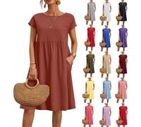 Linen Dresses for Women UK Short Sleeve Summer Dresses with Pockets Loose Beach Plus Size Swing Elegant Round Neck Cotton Linen Summer Outfits Wedding Guest Dress for Cocktail Work Holiday Size S-5XL