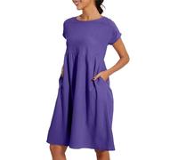 Linen Dresses for Women UK Short Sleeve Summer Dresses with Pockets Loose Beach Plus Size Swing Elegant Round Neck Cotton Linen Summer Outfits Wedding Guest Dress for Cocktail Work Holiday Size S-5XL