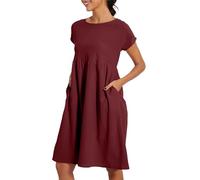 Linen Dresses for Women UK Short Sleeve Summer Dresses with Pockets Loose Beach Plus Size Swing Elegant Round Neck Cotton Linen Summer Outfits Wedding Guest Dress for Cocktail Work Holiday Size S-5XL