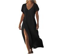 Linen Dresses for Women UK Short Sleeve V Neck Side Slit Maxi Dress Elegant Ladies Summer Dress Casual Loose Beach Long Dresses Boho Cotton Linen A Line Flowy Sundress with Pockets Black