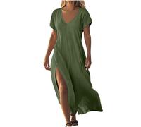 Linen Dresses for Women UK Short Sleeve V Neck Side Slit Maxi Dress Elegant Ladies Summer Dress Casual Loose Beach Long Dresses Boho Cotton Linen A Line Flowy Sundress with Pockets Green