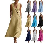 Linen Dresses for Women UK Sleeveless V Neck Button Decor Maxi Dress Ladies A-Line Cotton Linen Summer Dresses Loose Fit Flowy Beach Sundress with Side Pockets Casual Work Everyday Birthday Costume