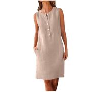 Linen Dresses for Women UK Solid Round Neck Sleeveless Dress Ladies Summer Tank Dress with Pockets Button Down Casual Loose Mini Shift Dresses Boho Cotton Linen Sundress Khaki