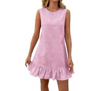 Linen Dresses for Women UK Stripe Round Neck Sleeveless Mini Dress Casual Summer Sunudress Ruffle Hem Loose Tunic Dress Cotton Linen Vest Dresses Beach Holiday Sundresses