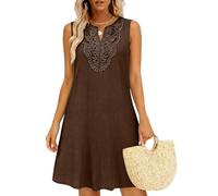 Linen Dresses for Women UK Summer Embroidered Boho Midi Dresses Ladies V Neck Sleeveless Curve Short Dresses Elegant Knee Length Sundress for Casual Beach Vacation 2026