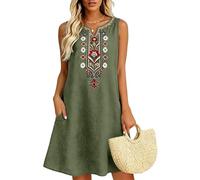 Linen Dresses for Women UK Summer Embroidered Boho Midi Dresses Ladies V Neck Sleeveless Curve Short Dresses Elegant Knee Length Sundress for Casual Beach Vacation 2026 Green S