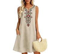 Linen Dresses for Women UK Summer Embroidered Boho Midi Dresses Ladies V Neck Sleeveless Curve Short Dresses Elegant Knee Length Sundress for Casual Beach Vacation 2026 Beige XL