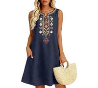Linen Dresses for Women UK Summer Embroidered Boho Midi Dresses Ladies V Neck Sleeveless Curve Short Dresses Elegant Knee Length Sundress for Casual Beach Vacation 2026 Navy XXL