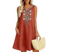 Linen Dresses for Women UK Summer Embroidered Boho Midi Dresses Ladies V Neck Sleeveless Curve Short Dresses Elegant Knee Length Sundress for Casual Beach Vacation 2026 Orange XXL