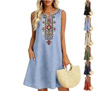 Linen Dresses for Women UK Summer Embroidered Boho Midi Dresses Ladies V Neck Sleeveless Curve Short Dresses Elegant Knee Length Sundress for Casual Beach Vacation 2026 Blue L