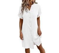 Linen Dresses for Women UK Summer Short Sleeve Knee Length Dress V Neck Button Down T Shirt Solid Color Casual Loose Lounge Petite Beach Holiday Sundress White
