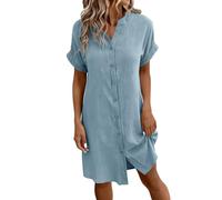 Linen Dresses for Women UK Summer Short Sleeve Knee Length Dress V Neck Button Down T Shirt Solid Color Casual Loose Lounge Petite Beach Holiday Sundress Sky Blue