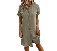 Linen Dresses for Women UK Summer Short Sleeve Knee Length Dress V Neck Button Down T Shirt Solid Color Casual Loose Lounge Petite Beach Holiday Sundress Green