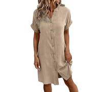 Linen Dresses for Women UK Summer Short Sleeve Knee Length Dress V Neck Button Down T Shirt Solid Color Casual Loose Lounge Petite Beach Holiday Sundress Khaki