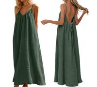 Linen Dresses for Women UK V Neck Sleeveless Strappy Cotton Maxi Dress | A-Line Low Back Dress, Solid Loose Fitting Spaghetti Straps Dress, Lightweight Breathable,For Beach Travel