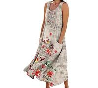Linen Dresses Women Floral Printed A Line Swing Dress Sleeveless Tank Dress Summer Casual Beach Kaftan Dress Loose Long Dress Going Out Dresses Holiday Flowy Sundresses UK Size Ladies S-3XL Clearance