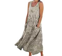 Linen Dresses Women Floral Printed A Line Swing Dress Sleeveless Tank Dress Summer Casual Beach Kaftan Dress Loose Long Dress Going Out Dresses Holiday Flowy Sundresses UK Size Ladies S-3XL Clearance