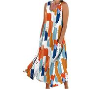 Linen Dresses Women Floral Printed A Line Swing Dress Sleeveless Tank Dress Summer Casual Beach Kaftan Dress Loose Long Dress Going Out Dresses Holiday Flowy Sundresses UK Size Ladies S-3XL Clearance