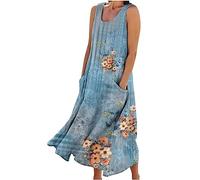 Linen Dresses Women Floral Printed A Line Swing Dress Sleeveless Tank Dress Summer Casual Beach Kaftan Dress Loose Long Dress Going Out Dresses Holiday Flowy Sundresses UK Size Ladies S-3XL Clearance
