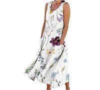 Linen Dresses Women Floral Printed A Line Swing Dress Sleeveless Tank Dress Summer Casual Beach Kaftan Dress Loose Long Dress Going Out Dresses Holiday Flowy Sundresses UK Size Ladies S-3XL Clearance