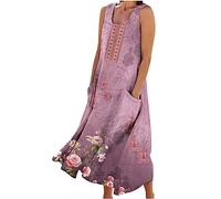 Linen Dresses Women Floral Printed A Line Swing Dress Sleeveless Tank Dress Summer Casual Beach Kaftan Dress Loose Long Dress Going Out Dresses Holiday Flowy Sundresses UK Size Ladies S-3XL Clearance