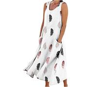 Linen Dresses Women Summer Casual Beach Plus Size Dress Sleeveless Tank Kaftan Dress Loose Fit Midi Dress Solid Color A Line Swing Dress Going Out Dresses Holiday Flowy Sundresses UK Size Ladies S-5XL
