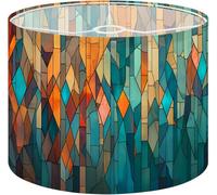 Linen Drum Lamp Shades 1 Pack, 13"x13"x10" Abstract Stained Glass Vibrant Blue Orange Teal Geometric Patterns Lampshade for Table Lamps Floor Lamps Easy Assembly Replacement Lamp Shade