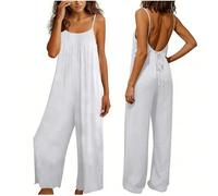 Linen Dungarees for Women UK Spaghetti Strap Backless Jumpsuit Ladies Cotton Linen Suspender Bib Overalls Loose Fit Wide Leg Tie Back Long Playsuit Fashion Summer Casual Baggy Sleeveless Rompers