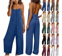 Linen Dungarees for Women UK Spaghetti Strap Backless Jumpsuit Ladies Cotton Linen Suspender Bib Overalls Loose Fit Wide Leg Tie Back Long Playsuit Fashion Summer Casual Baggy Sleeveless Rompers