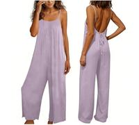 Linen Dungarees for Women UK Spaghetti Strap Backless Jumpsuit Ladies Cotton Linen Suspender Bib Overalls Loose Fit Wide Leg Tie Back Long Playsuit Fashion Summer Casual Baggy Sleeveless Rompers
