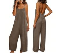 Linen Dungarees for Women UK Spaghetti Strap Backless Jumpsuit Ladies Cotton Linen Suspender Bib Overalls Loose Fit Wide Leg Tie Back Long Playsuit Fashion Summer Casual Baggy Sleeveless Rompers