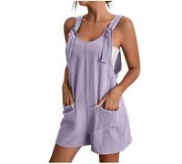 Linen Dungarees for Women UK Summer Casual Sleeveless Rompers Loose Adjustable Strappy Short Overalls Jumpsuits Next Day Delivery Flowers Purple