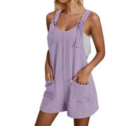 Linen Dungarees for Women UK Summer Casual Sleeveless Rompers Loose Adjustable Strappy Short Overall Maternity Jumpsuits Ladies Playsuit with Pockets(#01 Light Purple,3XL)