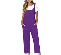 Linen Dungarees for Women UK Wide Leg Jumpsuit with Pocket Loose Fit Playsuits Summer Boho Romper Sleeveless Strappy Overalls Linen Suits Ladies Solid Suspender Jumpsuit for Holiday Vacation