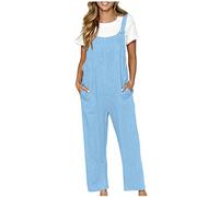 Linen Dungarees for Women UK Wide Leg Jumpsuit with Pocket Loose Fit Playsuits Summer Boho Romper Sleeveless Strappy Overalls Linen Suits Ladies Solid Suspender Jumpsuit for Holiday Vacation