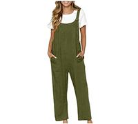 Linen Dungarees for Women UK Wide Leg Jumpsuit with Pocket Loose Fit Playsuits Summer Boho Romper Sleeveless Strappy Overalls Linen Suits Ladies Solid Suspender Jumpsuit for Holiday Vacation