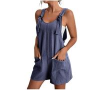 Linen Dungarees Shorts for Women Uk Summer Adjustable Strappy Jumpsuit Casual Sleeveless Loose Beach Playsuit Shorts Ladies Lightweight Short Overalls Boho Bib Rompers Tie Shoulder Outfit with Pockets