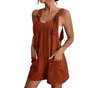 Linen Dungarees Shorts for Women Uk Summer Casual Sleeveless Adjustable Strap Jumpsuits Lightweight Boho Beach Playsuit Tie Shoulder Loose Short Overalls Ladies Crewneck Rompers with Bib Pockets