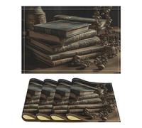 Linen Fabric Placemats Set of 4,Stack of Old Booksprinted Washable Heat Resistant Table Place Mats for Kitchen Dinning Restaurant 44 Cmx31cm