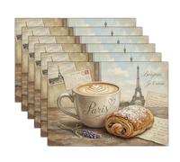 Linen Fabric Placemats Set Of 8, Machine Washable, Heat Resistant, Wrinkle Free, Coffee Elements French Romance Illustration Place Mats For Dining Table, And Daily Use, (Brown Beige)