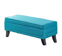 Linen Fabric Storage Pouffe Stool with Wooden Legs - Stylish Footrest & Shoe Changing Ottoman for Living Room & Bedroom Perfect Upholstered Accent Furniture