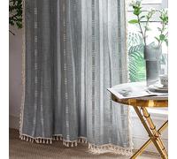 Linen Farmhouse Boho Curtains 63" 84" 96" Inches Length 2 Panels Set, Heavy Duty Country Modern Embroidery Curtains Light Filtering Cotton Window Treatment Curtains for Living Roon Bedroom, Blue